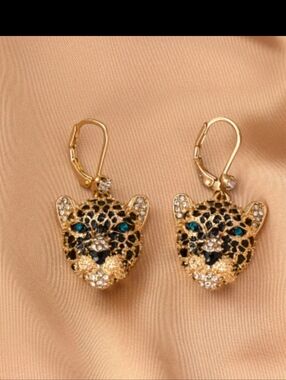 Gold Leopard Drop Earrings with Teal Eyes